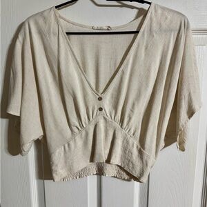 Cream V-Neck Short Sleeve Cropped Top